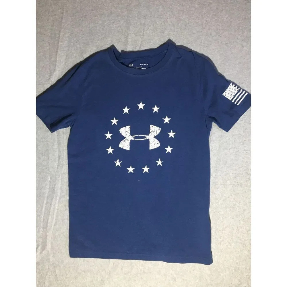 Kids Under Armour Shirt Size Youth Large Navy Blue American Flag Large Logo